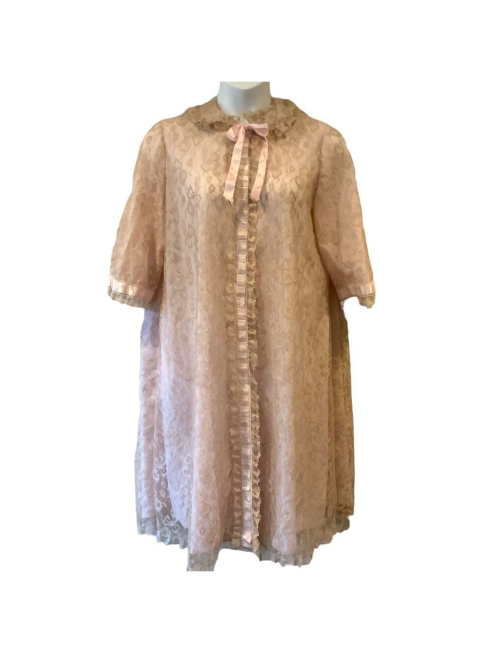Vintage 1960s Odette Barsa Womens Robe Peignoir Large Pink Beige Lace Overlay